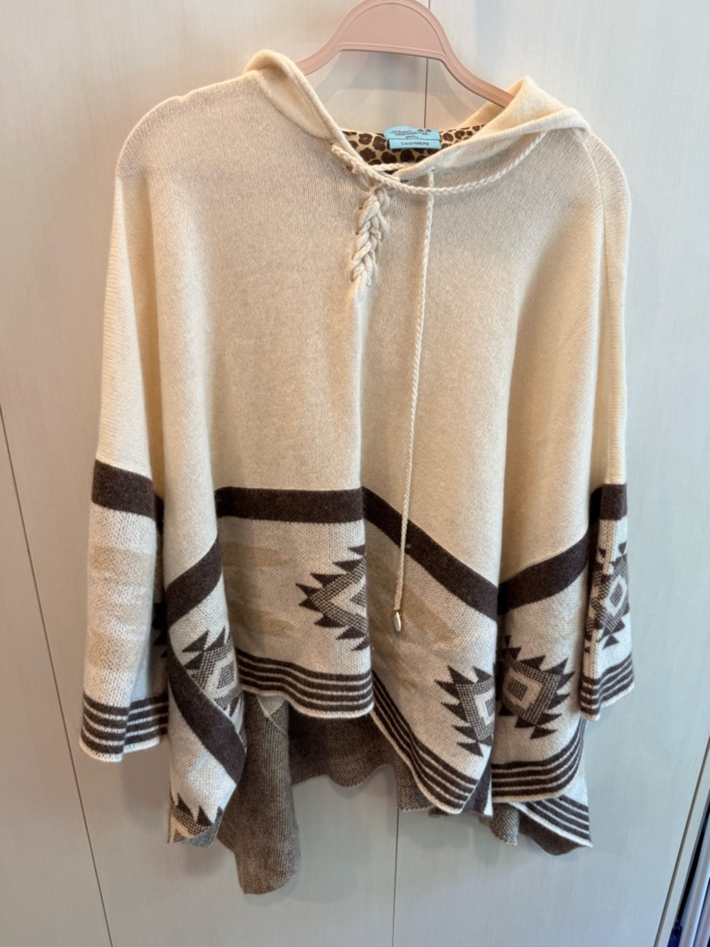 Letarte Cream Cashmere Hooded Poncho with Brown Southwestern Stripe